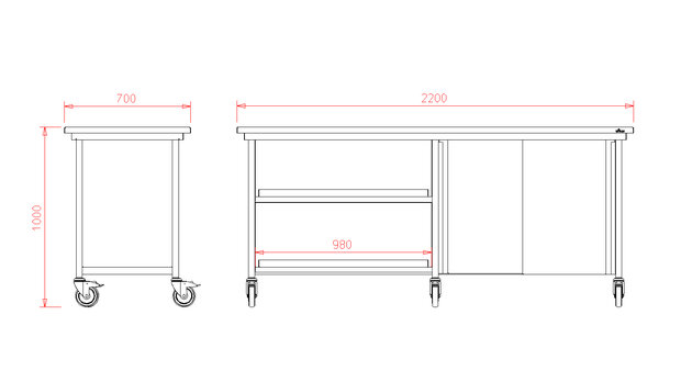 Werkbank met RVS blad 220x70x100 - 2 schuifdeurkasten