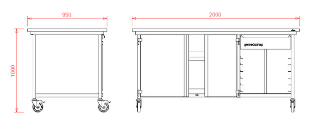 Werkbank met RVS blad 200x95x100 - kast, lade en platenrek