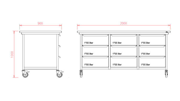 Werkbank met RVS blad 200x90x100 - 9 lades 