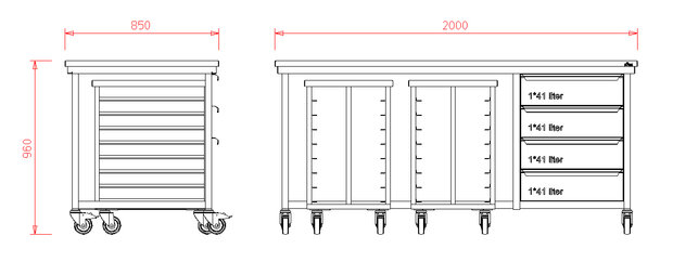 Werkbank met RVS blad 200x85x96 - vrije ruimte en ladeblok