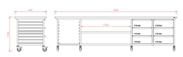 Werkbank met RVS blad 350x90x100 - platenrek, vlonders en ladeblokken