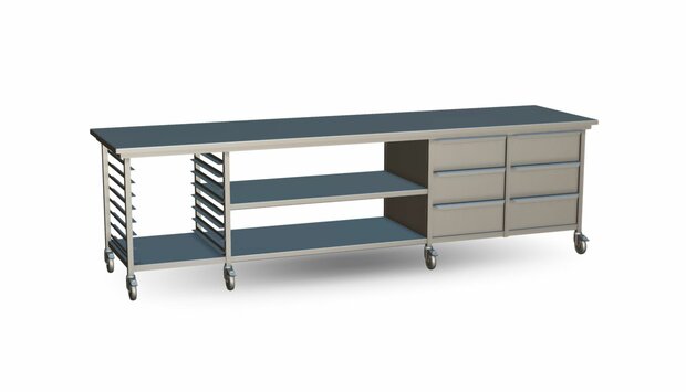 Werkbank met RVS blad 350x90x100 - platenrek, vlonders en ladeblokken