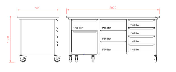 Werkbank met RVS blad 200x90x100 - 8 lades en meelwagen