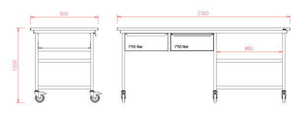 Werkbank met RVS blad 230x90x100 - 2 lades en vlonders