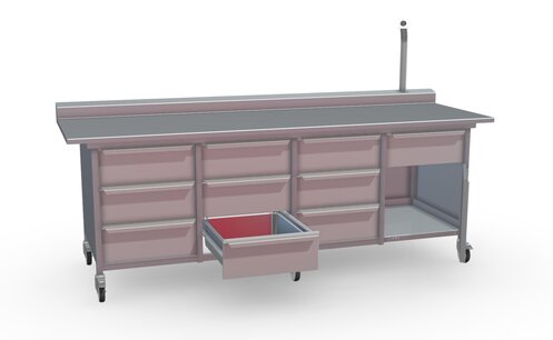 Werkbank met RVS blad 275x90x100 - ladeblokken, kast en Ter Haar receptenhouder